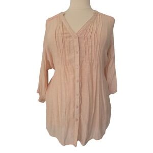 Arna York Peach Pintuck Lace Trim Button Front Tunic Blouse Plus Size 22/24
